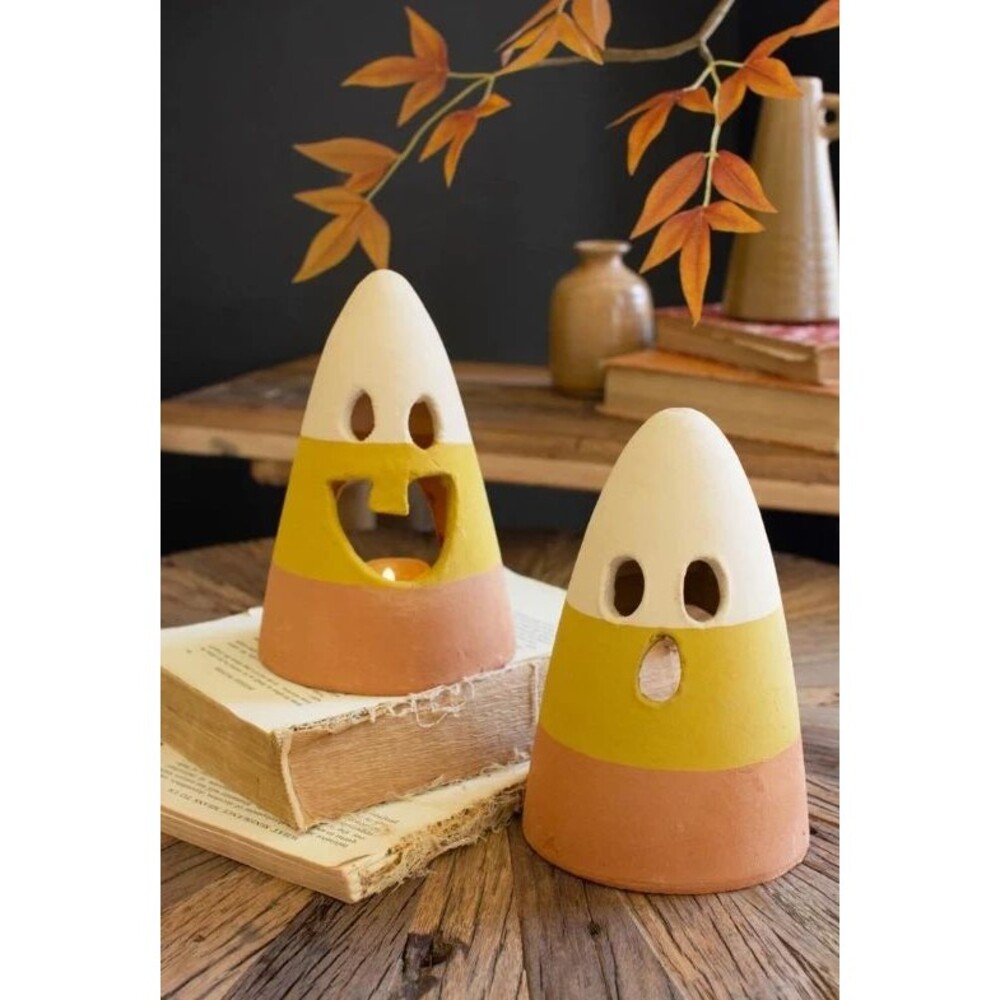 Terra Cotta Candy Corn Halloween Lanterns – Set of 2 – 7” Tall